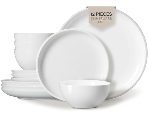ONEMORE Plates and Bowls Set 12 Pcs,Stoneware Dinnerware Sets for 4 Microwavable,Oven & Dishwasher Safe Porcelain,Scratch Resistant Dishes Set,White - color: White