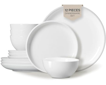 ONEMORE Plates and Bowls Set 12 Pcs,Stoneware Dinnerware Sets for 4 Microwavable,Oven & Dishwasher Safe Porcelain,Scratch Resistant Dishes Set,White - color: White