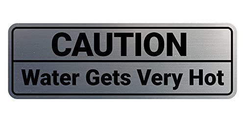 Standard Caution Water Gets Very Hot Sign (Brushed Silver) - Large 1 Pack - color: Brushed Silver, size: 3 x 9" - Large