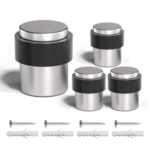 SANATO Nickel Cylindrical Floor Mounted Stainless Steel 304 Door Stop Door Stopper with Black Rubber, 4 Pack - color: Silver, size: 4 Pieces