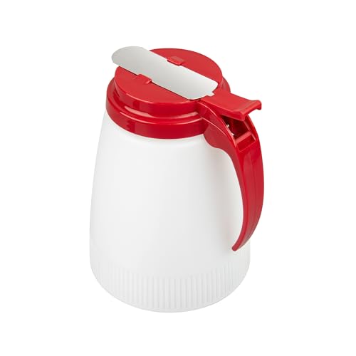 Restaurantware-Chef 101 48 Ounce All Purpose Syrup Dispensers, 10 Honey Dispensers - Red Top, Stainless Steel Slide Cover, Plastic Pancake Syrup Bottle, Perfect For Diners, Restaurants, Home - color: Red, size: 48 Ounces, style: 10 Count