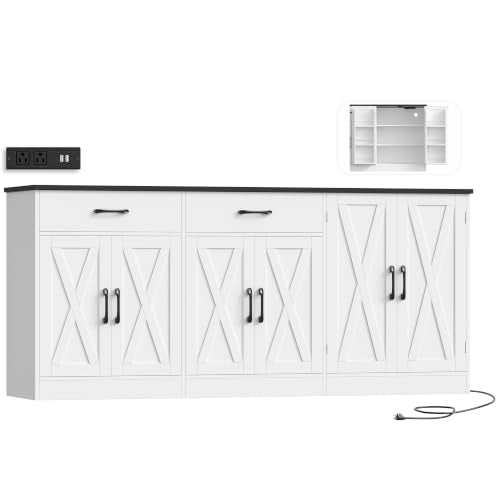 HOSTACK 71" W Kitchen Buffet Cabinet with Storage, Large Coffee Bar Cabinet - color: White/Black