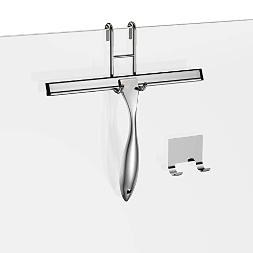 Shower Squeegee and Window Squeegee, Stainless Steel, 100% Streak-Free, Cleaner for Bathroom Showers Glass Doors, Home Mirrors, Car Windows Wiper, Adhesive Holder, Shower Door Hook, 10 Inch, Silver - color: Silver, size: 10-Inch