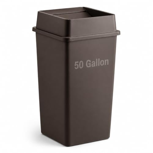 1 Pack Brown 50 Gallon Industrial Waste Bin with Lid, Heavy Duty Square Resin Trash Container with Integrated Handles for Restaurant, Mall, Warehouse and High-Volume Commercial Areas - color: Brown, size: 50 Gallon