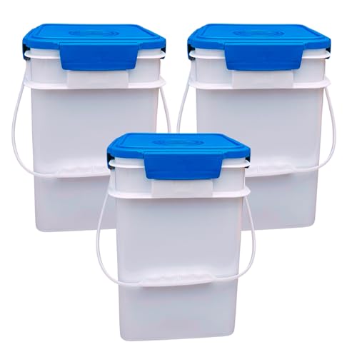 House Naturals 4 Gallon Square Food Grade Bucket Pail with Plastic Handles and Lid (Pack of 3) Made in USA containers (White - Blue lids) - color: White - Blue Lids