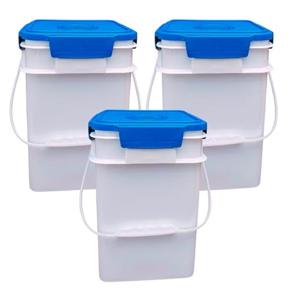 House Naturals 4 Gallon Square Food Grade Bucket Pail with Plastic Handles and Lid (Pack of 3) Made in USA containers (White - Blue lids) - color: White - Blue Lids