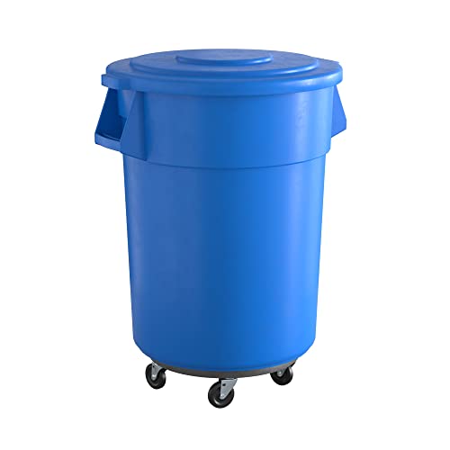 55 Gallon Blue Round Commercial Trash Can with Lid and Dolly, Heavy-Duty Food Grade NSF Certified, Perfect for Restaurant, Office, School, Garage, Backyard, Workshop, Warehouse - color: Blue, size: 55 Gallon, style: Trash Can with Lid and Dolly