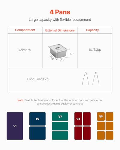 VEVOR 4-Pan Commercial Food Warmer, 4 x 1/2 Pans Electric Steam Table, 1500W Professional Buffet Catering Food Warmer with Undershelf, Stainless Steel Server for Restaurant Party Hotel - size: 4-Pan