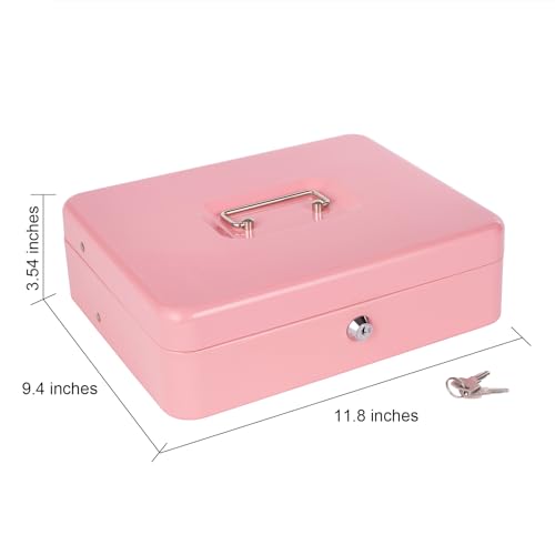Cash Box with Lock Key and Money Tray, Large Money Box for Cash Register - color: Pink