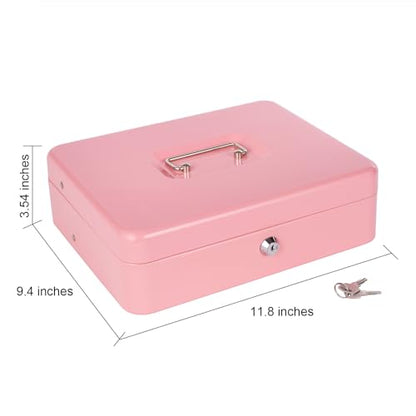 Cash Box with Lock Key and Money Tray, Large Money Box for Cash Register - color: Pink