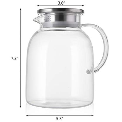 Hedume 2 Liter Glass Pitcher With Lid and Handle - Heat Resistant Beverage Carafe for Iced Tea, Wine, Coffee, Milk and Juice (68 Ounces)
