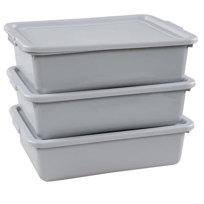 3 Packs 15 L Plastic Bus Tubs with Lids, Commercial Bus Box, Gray