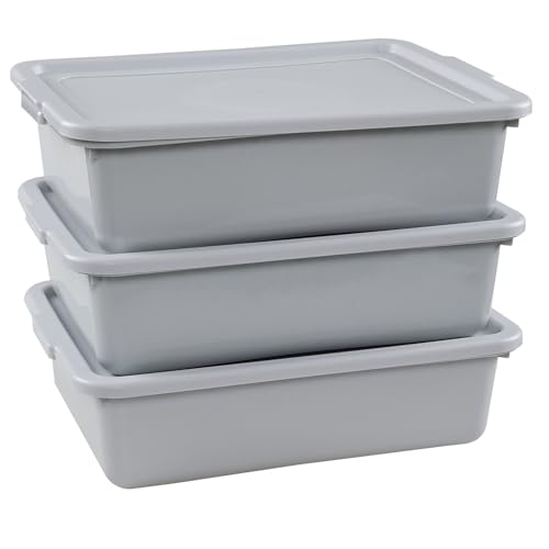 3 Packs 15 L Plastic Bus Tubs with Lids, Commercial Bus Box, Gray