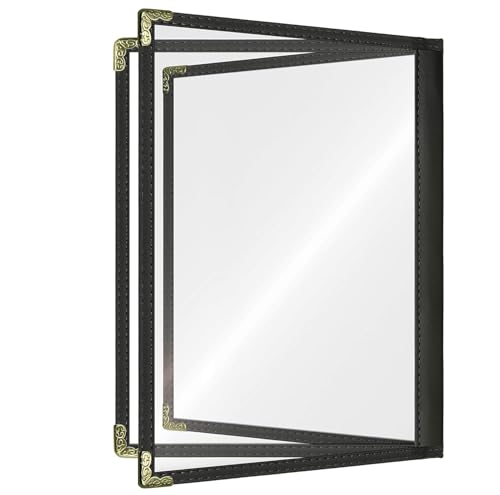 Restaurant Menu Covers 8.5" x 11" - 25 Pack Black Menu Holders, 3-Page/6-View, Side-Loading Vinyl, Clear Sleeves, Double-Stitched Edge, Waterproof, with Metal Corners for Restaurants, Cafes & Diners - color: Black, size: 3 page / 6 view - 8.5" x 11"