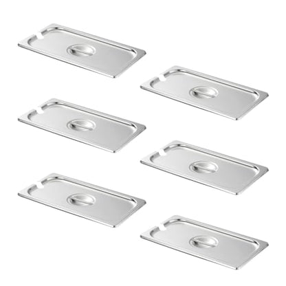 HECMAC 6-Pack 1/3 Size Slotted Hotel Pan Cover, Heavy Duty, Stainless Steel Solid Steam Table Catering Food Pan Lid with Handle, 23 Gauge - size: 1/3 Size, Notched Lid