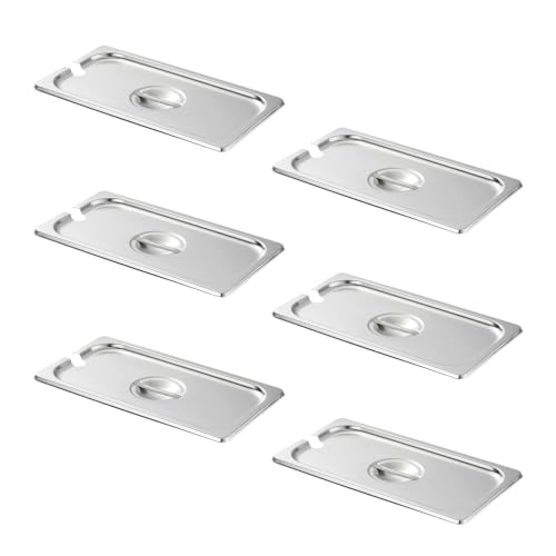 HECMAC 6-Pack 1/3 Size Slotted Hotel Pan Cover, Heavy Duty, Stainless Steel Solid Steam Table Catering Food Pan Lid with Handle, 23 Gauge - size: 1/3 Size, Notched Lid