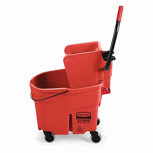 Rubbermaid Commercial Products WaveBrake 35 QT Side-Press Mop Bucket and Wringer Combo on Wheels Red for Heavy-Duty Floor Cleaning - color: Red