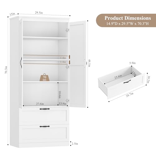 HOSTACK 70" Kitchen Pantry Storage Cabinet, Farmhouse Pantry Cabinet, White - color: White