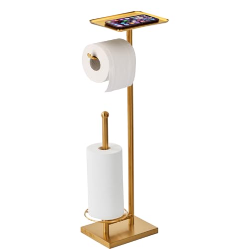 Toilet Paper Holder with Tray At the Top, Heavy-Weighted Base No Wobbly, Freestanding Toilet Paper Rolls Stand, Hold Extra 3 Paper Rolls On the Base (Gold) - color: Gold
