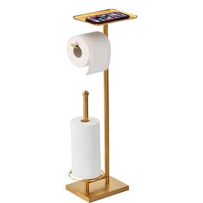 Toilet Paper Holder with Tray At the Top, Heavy-Weighted Base No Wobbly, Freestanding Toilet Paper Rolls Stand, Hold Extra 3 Paper Rolls On the Base (Gold) - color: Gold