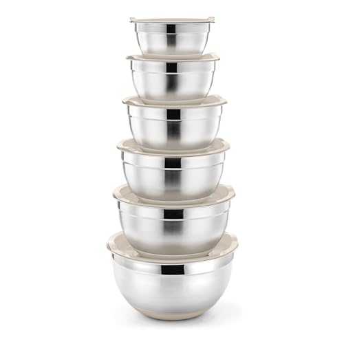 P&P CHEF Stainless Steel Mixing Bowls With Lids, Set of 6, Khaki - color: Khaki