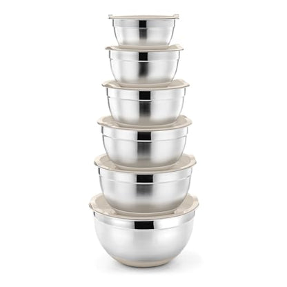P&P CHEF Stainless Steel Mixing Bowls With Lids, Set of 6, Khaki - color: Khaki
