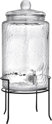 3 Gallon Glass Drink Dispenser with Metal Stand & Lid – Hammered Beverage Dispenser with Leakproof Spigot, Wide Mouth for Easy Fill – Ideal for Parties, Lemonade, Iced Tea, Sangria & More - color: Clear - 3 Gallon