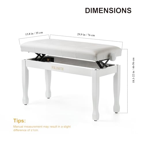 Adjustable Height Duet Piano Bench, Wooden Piano Stool with Waterproof Padded Cushion, Bench Seat for Vanity, Bedroom, Living Room, White - color: Duet-white