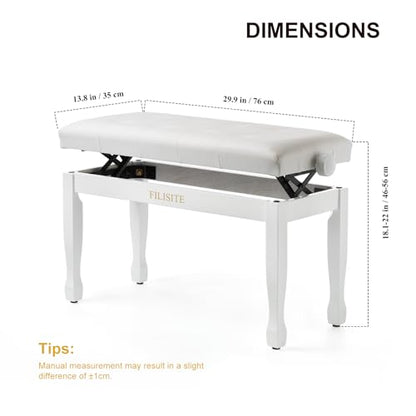 Adjustable Height Duet Piano Bench, Wooden Piano Stool with Waterproof Padded Cushion, Bench Seat for Vanity, Bedroom, Living Room, White - color: Duet-white