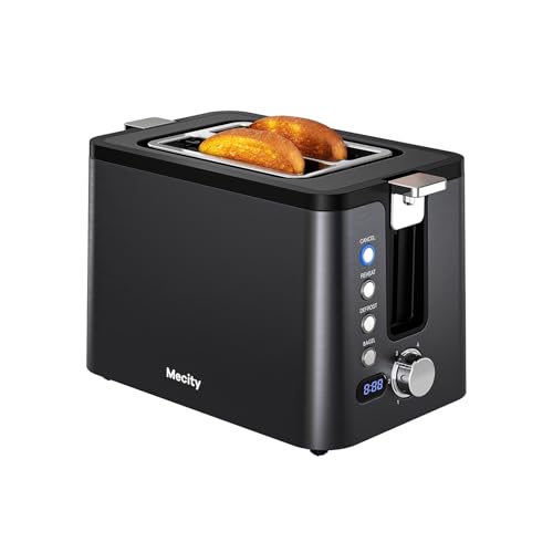 Mecity Toaster 2 Slice Stainless Steel Body, Timer, Bagel, Defrost, Reheat, Cancel Functions, Warming Rack, Removable Tray, 6 Browning Settings, Extra Wide Slots, Bread Toaster, 120V 800W Black - size: 2 Slots