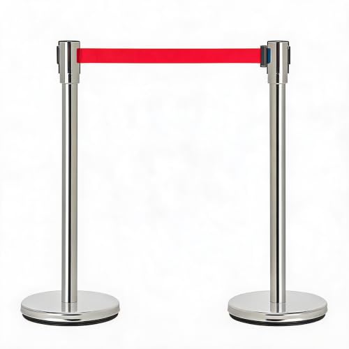 Crowd Control Barriers 2 Pack, 2 Stanchions with 2 Retractable Belts - color: Silver + Red, size: 2 Stanchions + 2 Belt
