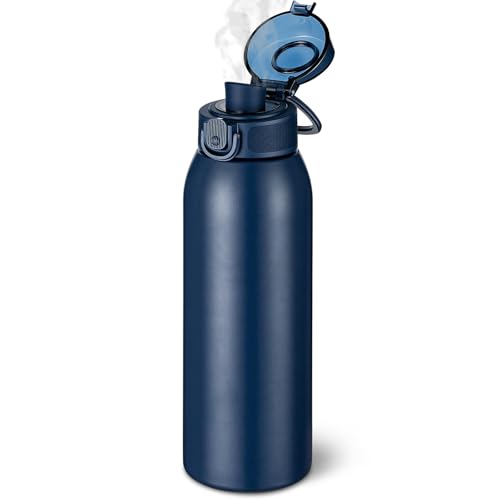 Insulated Water Bottle 24 oz with Dustproof Lid, Carry Handle & Tea Infuser, BPA-Free & Leakproof, Stainless Steel Water Bottles Ideal for Fitness, Hiking, Office & Outdoor Use (Dark Blue) - color: Dark Blue, size: 24 Ounces