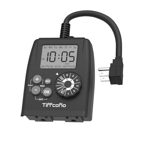TiFFCOFiO Digital Outdoor Timer Outlet, Dial Programmable Method, Outdoor Light Timer Waterproof, 2 Grounded Electrical Outlets for Pool Pump, 6 Sets of Programs, 15A/1875W (1 Pack) - size: Digital, 1 PACK