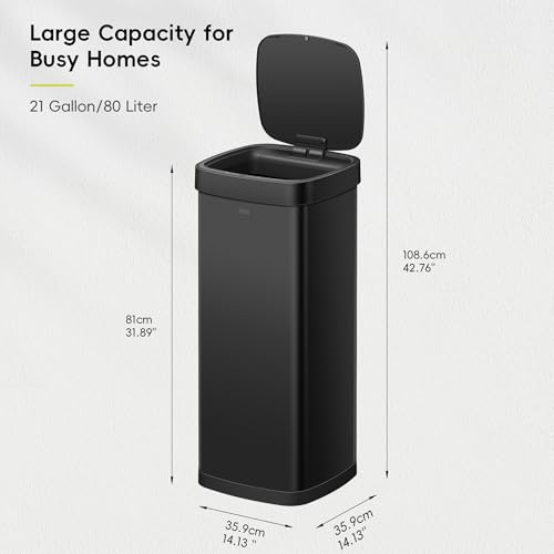 EKO EcoSmart 80L / 21.1 Gallon Motion Sensor Trash Can or Recycling Bin – Tall, Large Touchless Kitchen Garbage Bin with Soft-Close Lid for Home or Office, Brushed Stainless Steel, Matte Black - size: EcoSmart 80 liter - Matte Black