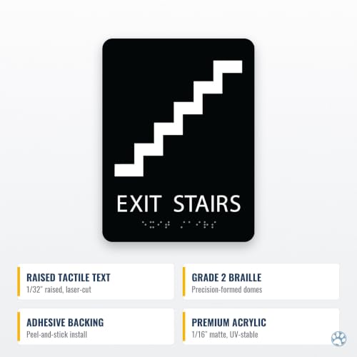 Alpha Dog Exit Stairs Sign, 8x6 ADA Braille Sign, Black - color: Black, size: Exit Stairs