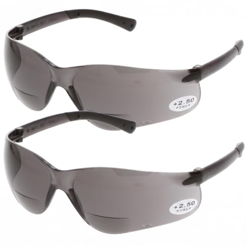 Crews BKH25G BearKat Magnifier Polycarbonate 2.5 Diopter Gray Lens Safety Glasses with Non-Slip Hybrid Black Temple Sleeve (Pack of 2) - color: Gray Lens, size: 2.5 Diopter (Pack of 2)