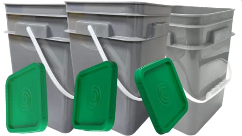 House Naturals 4 Gallon Square Food Grade Bucket Pail with Plastic Handles and Lid (Pack of 3) Made in USA containers (Gray Buckets-Green lids) - color: Gray Buckets-green Lids