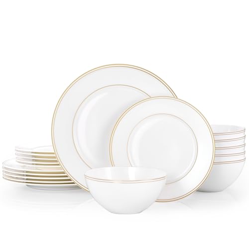 KINGSTONE 18Pcs Gold Trim White Bone China Set, Service for 6 - color: White-gold trim, size: service for 6-18pcs