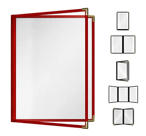 Goodsmart Restaurant Menu Covers - 25 Pack Red 2-Page/4-View 8.5" x 11", Side-Loading Vinyl Menu Holders, Clear Sleeves, Double-Stitched Edge, Leather-Style Café Menu Covers with Gold Corners - color: Red, size: 2 Pages / 4 Views - 8.5" x 11"