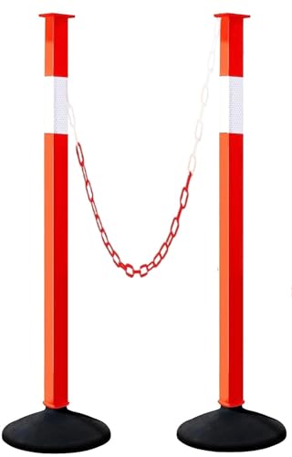 2 Pack Traffic Delineator Post Cones with Weighted Base, Adjustable Orange Safety Cones with Reflective Collars & Plastic Chains, Construction Parking Barrier Cones for Driving Practice Driveway Road - color: Orange, size: 2 Pack