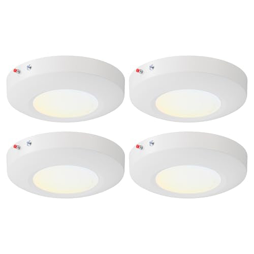 6 Inch LED Emergency Disk Light Kit with Battery Backup, Ceiling Mount Emergency Lights, Dimmable, 120-277V, 15W, 1000lm, CRI90, 5CCT Selectable, ETL & Wet Rated, White, 4 Packs - color: 4 Packs 5CCT White With Battery Backup, size: 6inch