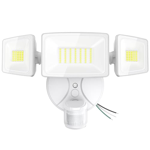 Onforu 75W LED Flood Light Motion Sensor Outdoor, 7000lm Dusk to Dawn Flood Light, Security Light with Three Head, IP65 Waterproof Exterior Floodlight, 6500k Wall Light for Entryway Stairs Yard Garage - color: White