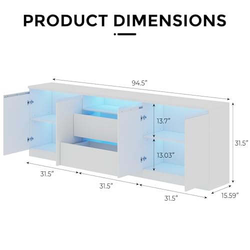 Bobve Modern TV Stand for TVs Up to 100",LED TV Console,Long Entertainment Center with 2 Drawers/2 Cabinets,Universal TV Stand for Living Room,Bedroom,White,3 Light Modes - color: White