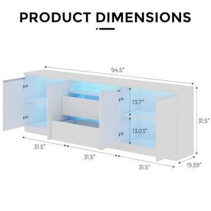 Bobve Modern TV Stand for TVs Up to 100",LED TV Console,Long Entertainment Center with 2 Drawers/2 Cabinets,Universal TV Stand for Living Room,Bedroom,White,3 Light Modes - color: White
