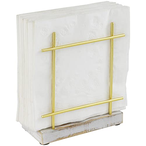 MyGift Napkin Holder, Brass-Tone Metal with Whitewashed Wood Base - color: Gold/ Whitewashed