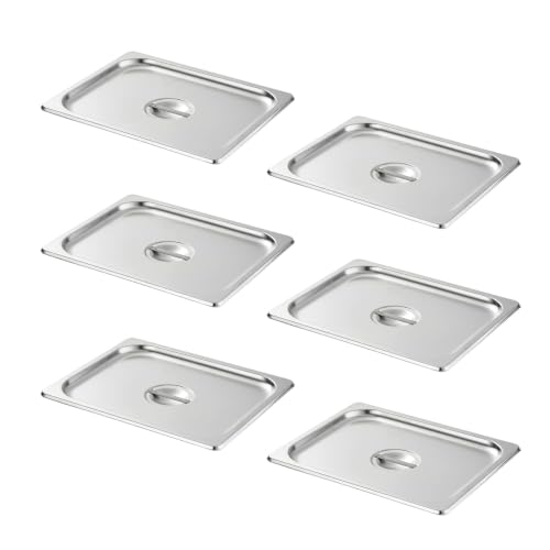 HECMAC 6-Pack 1/4 Size Hotel Pan Cover, Stainless Steel Solid Steam Table Catering Food Pan Lid with Handle, 23 Gauge - size: 1/4 Size, Plain Lid