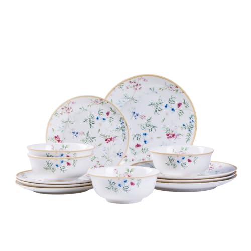 Bone China Dinnerware Set for 4, 12 Pcs Floral Plates and Bowls, Gold Rim - color: pestel blossoms