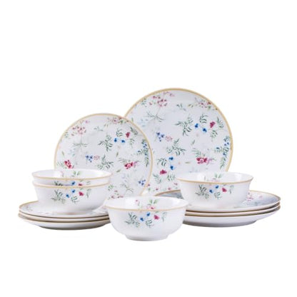 Bone China Dinnerware Set for 4, 12 Pcs Floral Plates and Bowls, Gold Rim - color: pestel blossoms