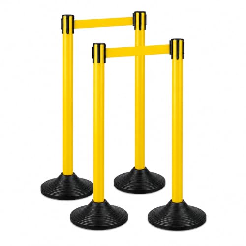 4 Pack Crowd Control Stanchions with Retractable Belts, 41 in Yellow Queue Barrier Posts with Heavy Duty 13.8 in Bases, 4-Way Retractable Belt Barriers