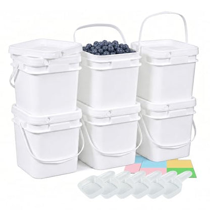 DEMORA 68oz Food Grade Square Plastic Bucket with Lid, Airtight Storage Container, Reusable Pail for Kitchen Food Water Ice Cream Household Use (White, 6Pcs) - color: White